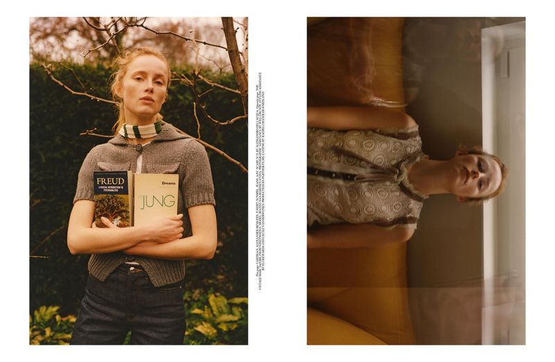 A young woman in a grey cardigan holds books by Freud and Jung in a garden setting. One panel shows her reclining on a yellow couch.