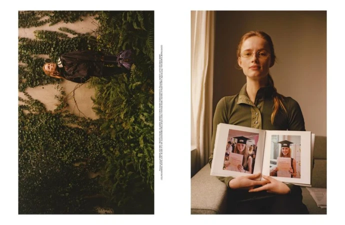 Woman in glasses holding graduation photo album indoors with natural light; a contrasting shot shows a woman lying among green foliage.