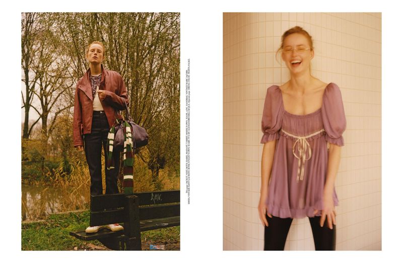 Two fashion shots: Woman in a leather jacket in a park and woman in a lilac top laughing indoors against a tiled wall.
