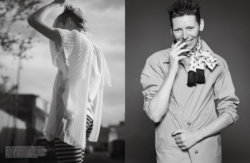 Black and white editorial fashion layout featuring two models in styled garments by photographer Theo Sion.