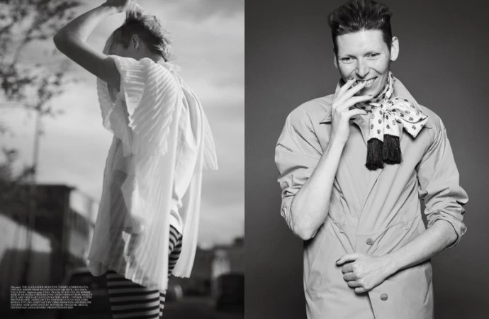 Black and white editorial fashion layout featuring two models in styled garments by photographer Theo Sion.