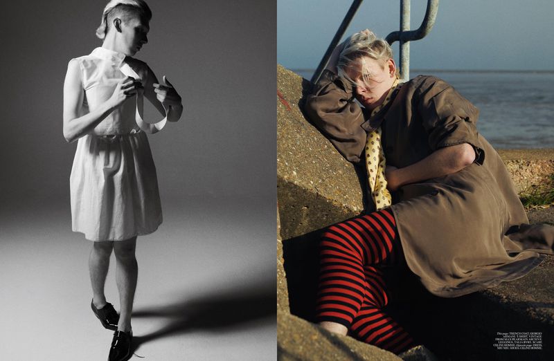 Two contrasting fashion portraits: a person in a white dress and black shoes poses in a studio, while another rests by the ocean.