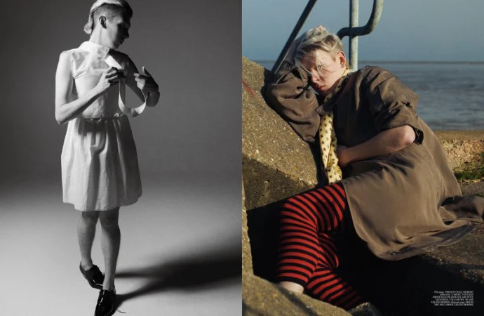 Two contrasting fashion portraits: a person in a white dress and black shoes poses in a studio, while another rests by the ocean.