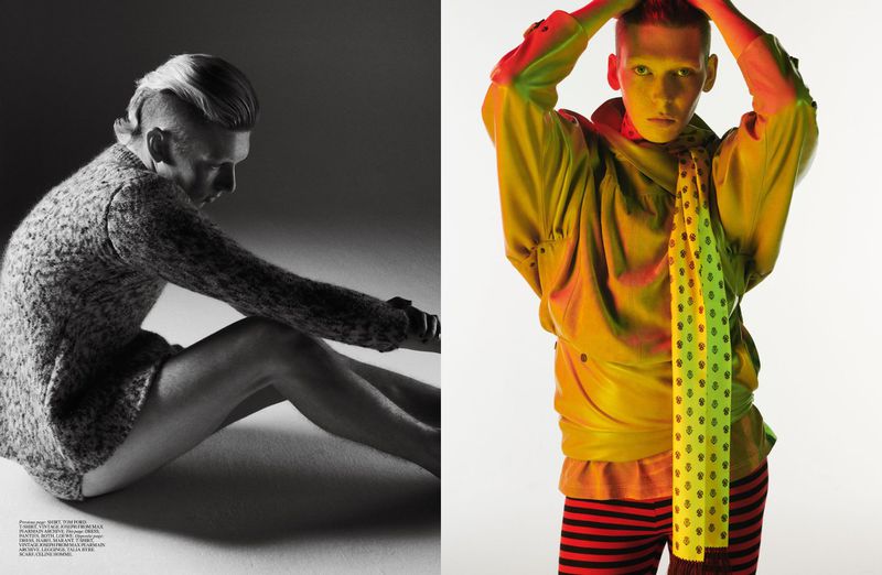 Monochrome and color fashion shot of a fair-skinned person with a shaved head wearing modern clothing, captured in a studio setting.
