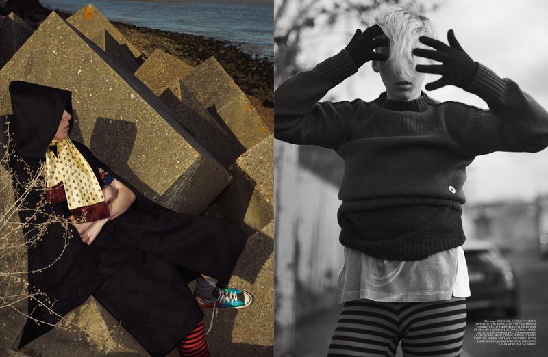 Two scenes show a human with a scarf by concrete blocks and a human in a sweater and gloves with blurred city background.