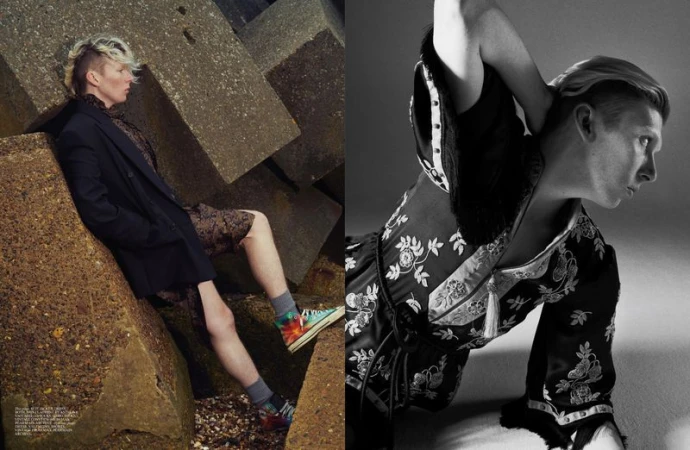 Male fashion model poses in avant-garde clothing in two contrasting scenes: one on concrete blocks, the other in a studio.