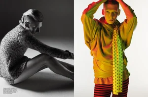 Diptyque fashion editorial featuring a model in a textured sweater and a colourful yellow jacket for Self Service