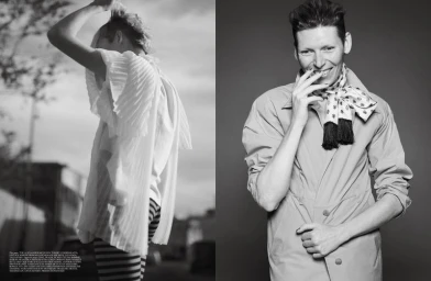Black and white editorial fashion layout featuring two models in styled garments by photographer Theo Sion.