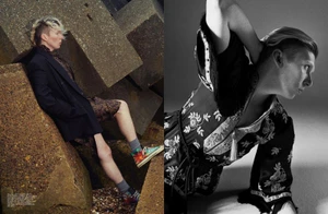 Diptyque fashion editorial featuring a model in patterned garments posed against geometric rock structures and a studio backdrop.