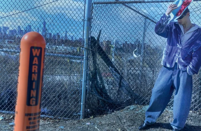 Man in blue velvet jacket and wide-leg jeans poses near a chain-link fence with an urban skyline in the background. Bright daylight.