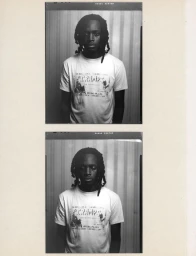 Monochrome portrait contact sheet showing a black man wearing a graphic t-shirt against a vertically striped interior background.