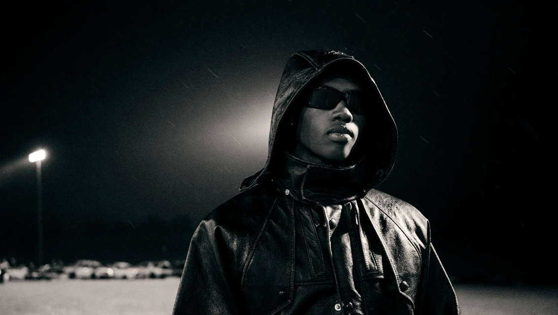 Man wearing a dark leather jacket with hood up and sunglasses at night under stadium lighting in the project Smokeshow.
