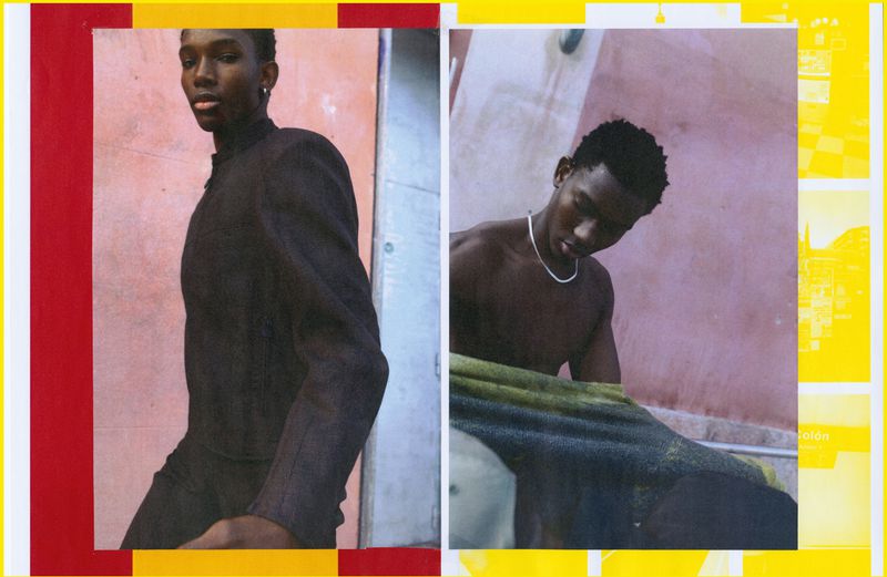 Two portrait-style shots featuring a Black man in a dark outfit and another shirtless, set against abstract red and yellow backgrounds.