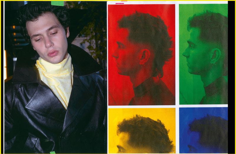 Profile of a young adult male wearing a black leather coat and yellow turtleneck, alongside photos with color filters.
