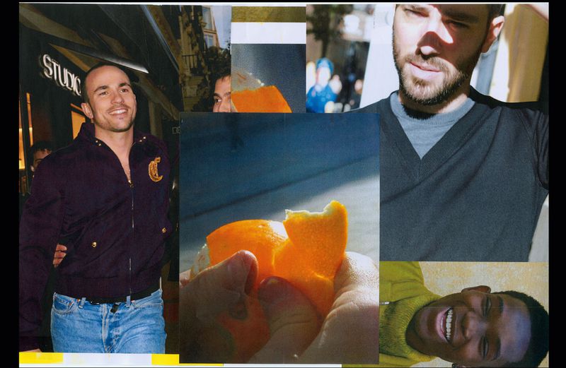 Collage of four men: one in jacket and jeans, one in yellow, one in gray, one partially visible, and a hand holding an orange.