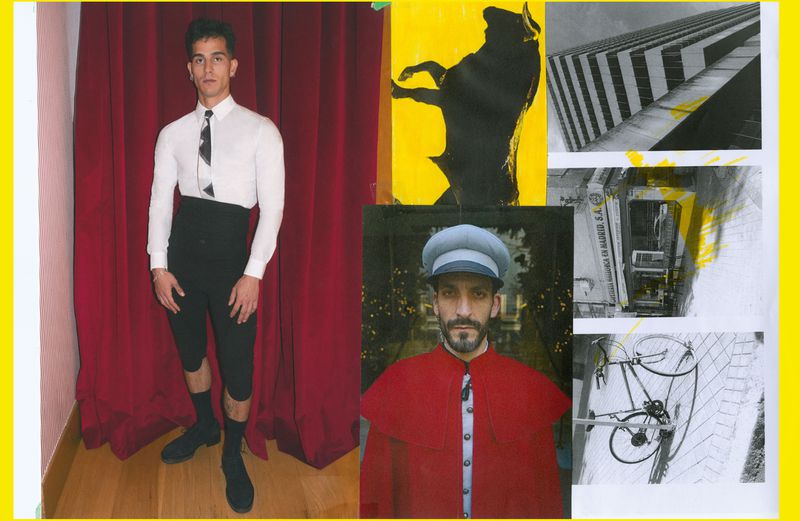 Montage featuring two men in costumes—one in a matador-inspired outfit, the other in a red coat and hat—set against collage of cityscapes and graphic art.