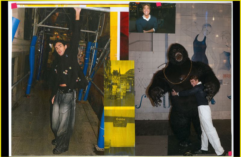 Collage featuring a person by scaffolding, a gorilla hugging a person, and other images in a candid, scrapbook style composition.
