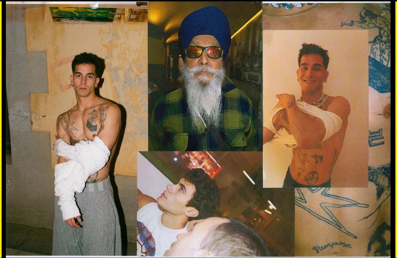 Collage of three adult men: one shirtless with tattoos and grey trousers, one with turban, sunglasses, and beard, and one shirtless with jewelry.