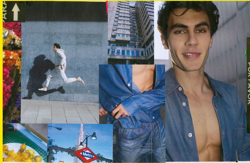 Collage of a man in a blue denim shirt, a man jumping, a tall building, and an underground train station sign.