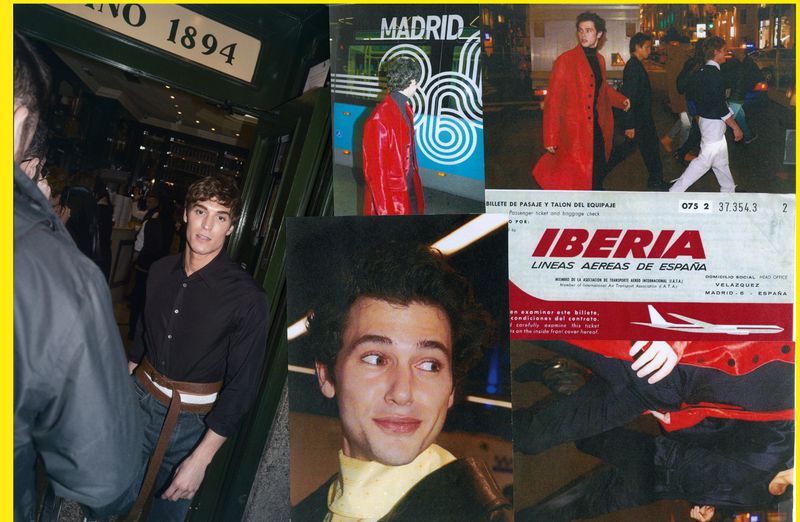 Photo collage featuring portraits of men, street fashion shots, a bus with 'Madrid' text, and an Iberia airline ticket with a retro aesthetic.