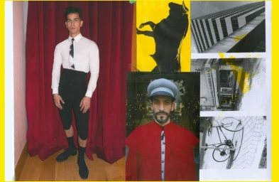 Collage layout featuring a man standing in a white shirt and black trousers before red curtains alongside architectural and bull images
