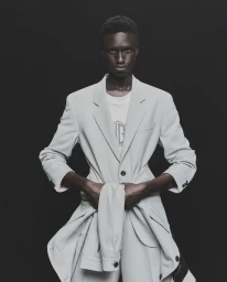 Black man wearing a light grey suit jacket over a t-shirt against a dark background for HERO Magazine