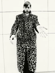 Monochrome fashion portrait of a model wearing a patterned long coat against a tiled wall