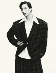 Monochrome fashion portrait of a model wearing a plaid blazer and white shirt against a plain white background.