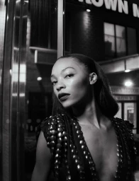 Black and white portrait of a woman wearing a heavily embellished v-neck dress outdoors at night