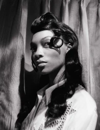 Monochrome portrait of a black woman with sculpted dark hair wearing a white textured blouse against draped curtains.