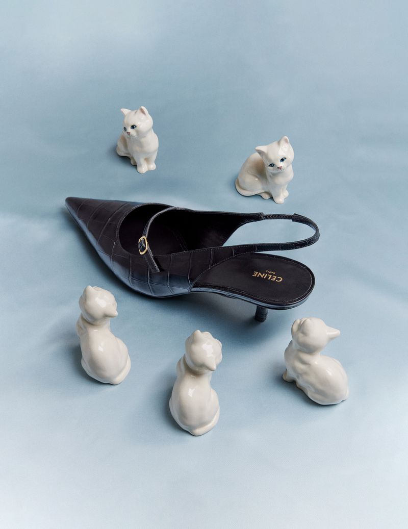 Dark brown slingback heel by Celine surrounded by five white ceramic cat figurines on a light blue backdrop in a studio fashion shot.