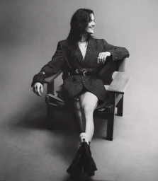 Portrait of a woman seated in a wooden armchair wearing an oversized tweed blazer and belted waist against a neutral backdrop.