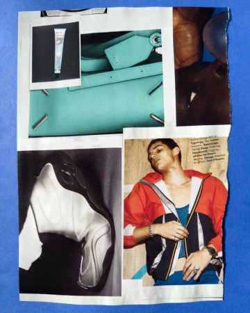 Collage of magazine cutouts showcasing fashion and beauty products: a man in a jacket, a white sneaker, handbag and skincare.