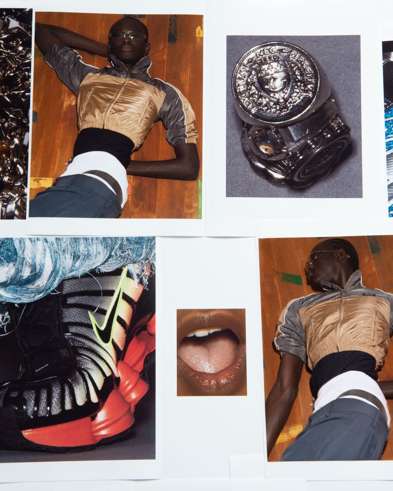 Collage of fashion-editorial images featuring a model, shoes, jewelry, and mouth with white borders. High-fashion, studio setting.