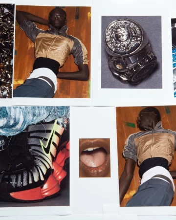 Collage of fashion-editorial images featuring a model, shoes, jewelry, and mouth with white borders. High-fashion, studio setting.