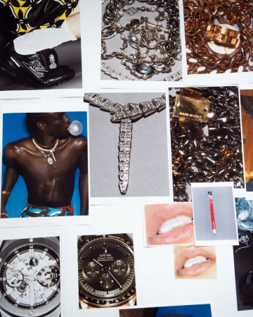 Collage featuring prints of fashion accessories, jewelry, watches, and a shirtless man blowing a bubble with a blue background.