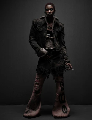 Model in distressed dark denim jacket and graphic printed pants standing against a dark grey studio background