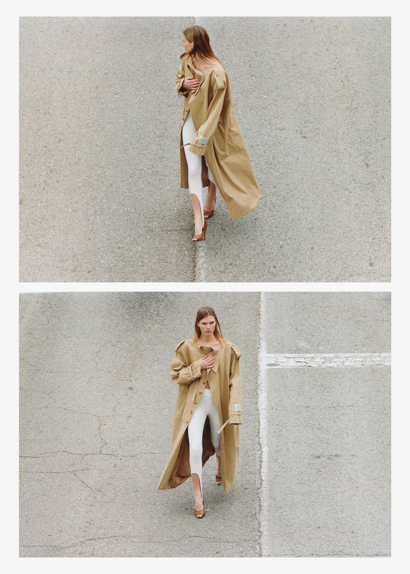 Aerial shot of a woman in a tan trench coat and white pants walking on a cracked grey surface, divided into two frames.