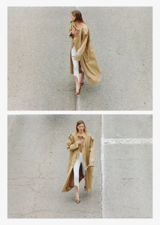 Aerial shot of a woman in a tan trench coat and white pants walking on a cracked grey surface, divided into two frames.