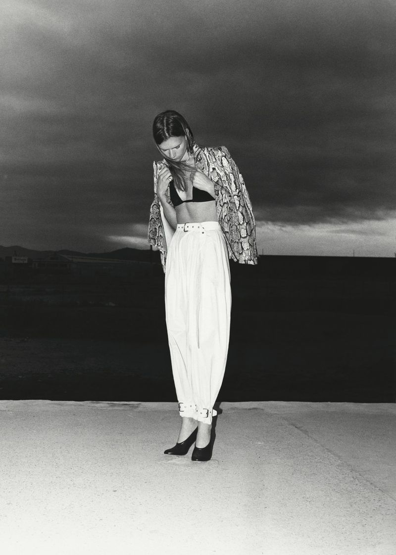 Monochrome fashion shot of a woman in snake-print jacket, bra top, and high-waisted pants against a dark horizon under stormy clouds.