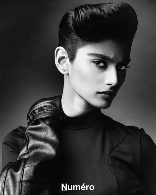 Black and white portrait of a woman with an elegant pompadour hairstyle, wearing black leather gloves and a black top against a dark backdrop.