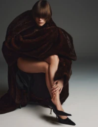 Model seated wearing a voluminous brown fur coat and black heels against a neutral gradient background.