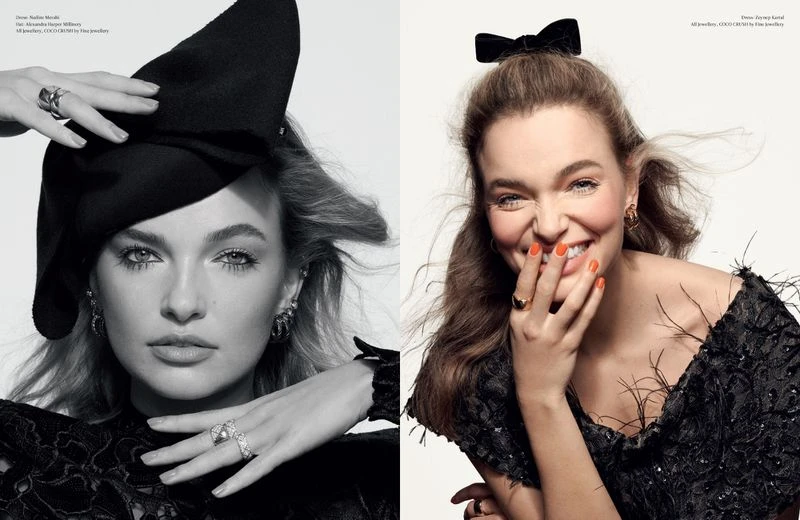 A split-screen portrait of a young woman, one side black and white with a hat, the other in color with a bow, both wearing jewelry.
