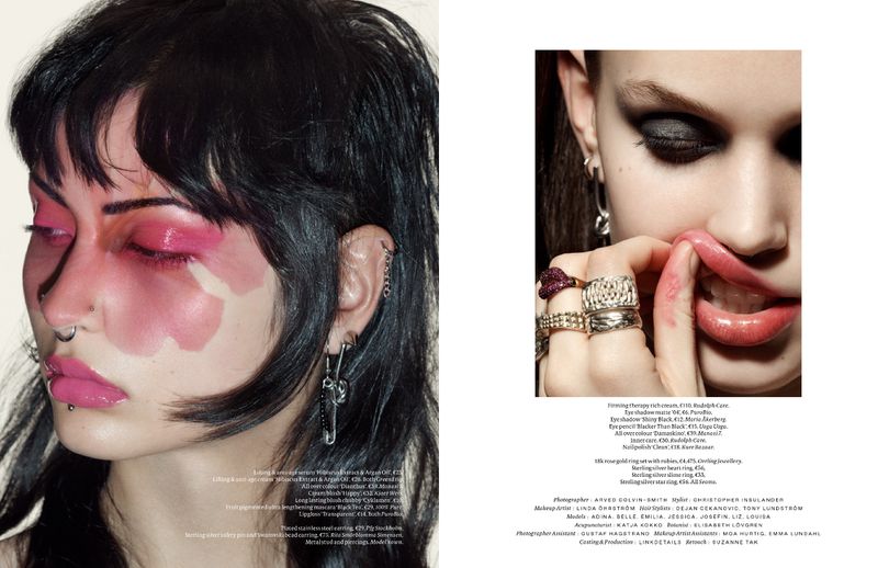 Fashion close-ups of two young adult females with makeup, jewelry, dark hair, and fair skin in a photo studio setting.
