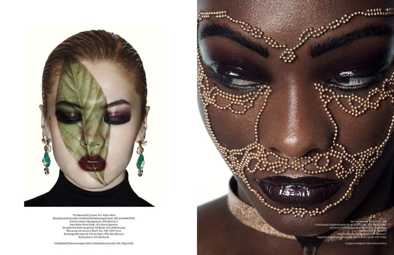 Editorial fashion shot featuring two women with bold makeup and unique accessories, set against a stark white backdrop for emphasis.
