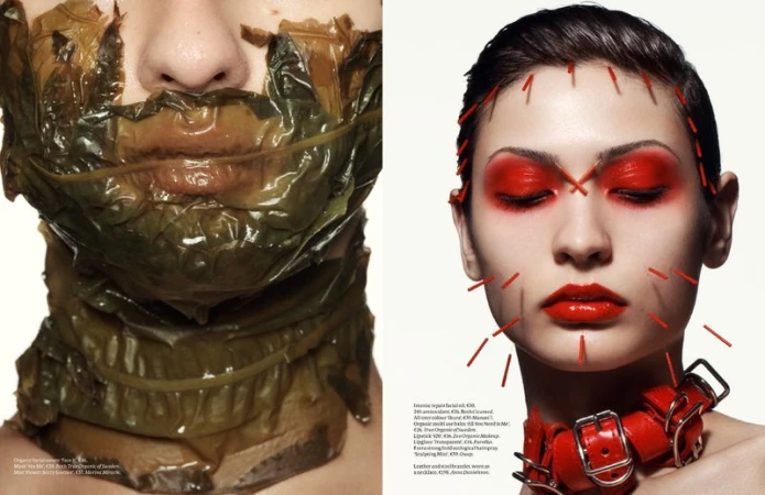 Creative makeup featuring two adult females: one with glossy green leaves covering her face and neck, and the other with red makeup.
