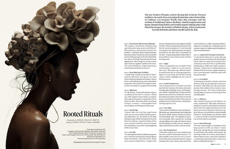 Asian female in beauty editorial with grey oyster mushroom headpiece, skincare focused, studio lighting, beauty and wellness theme.