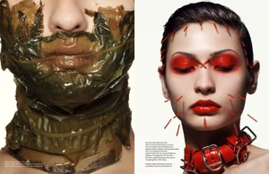 Close-up beauty portraits featuring botanical face masks and red makeup with acupuncture needles for Vogue Scandinavia