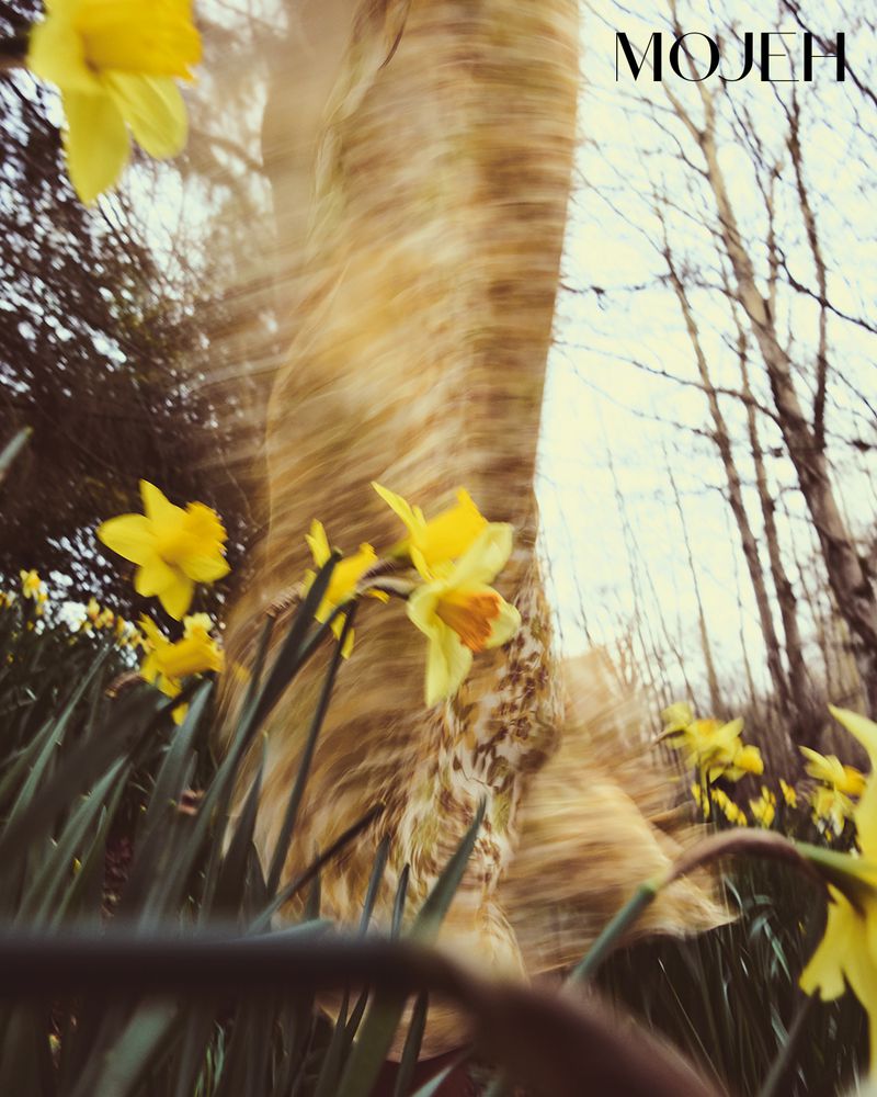 Impressionistic long exposure of yellow daffodils in a grassy field, with blurred figure in a tan dress, and bare trees in the background.
