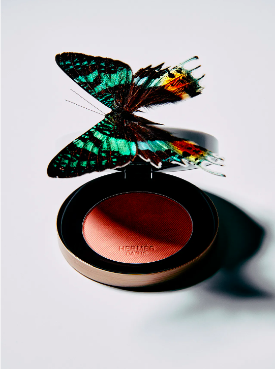 Cosmetic powder compact case with colorful butterfly wings on top against a white background in a studio shot for beauty advertising.